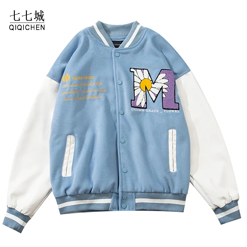 Бейсбольный Бомбер мужские уличные с вышивкой в виде ромашек куртки