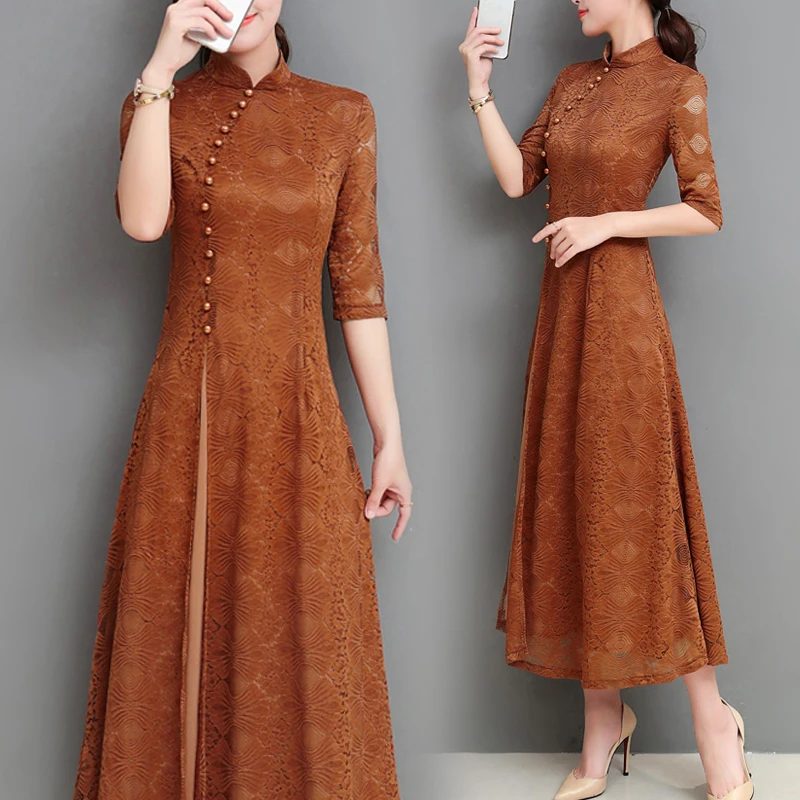 Новинка осени 2018 винтажное женское платье китайский стиль Ретро кружево Cheongsam