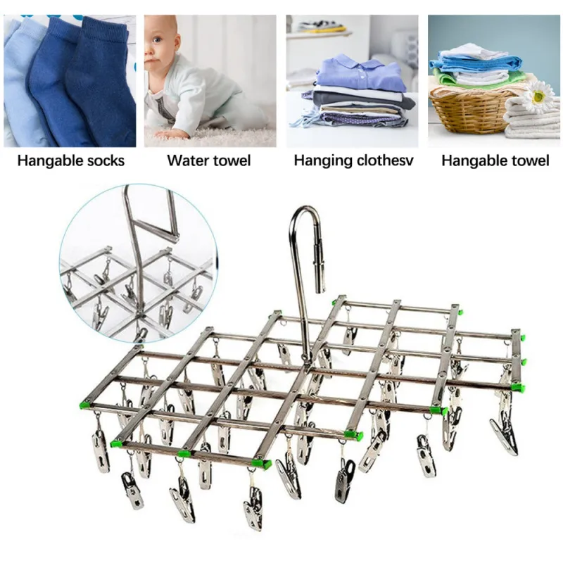 35 Clips Stainless Steel Laundry Rack Foldable Sock Clothes Airer Folding Hanger Drying Underwear Socks Holder | Дом и сад