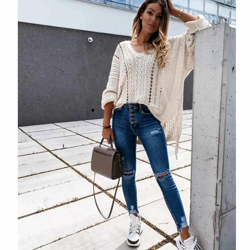 2021 Spring Autumn New High Street Elasticity Skinny Jeans Women Fashion Hole Bleached Vintage Push Up Slim Denim Pants Femme