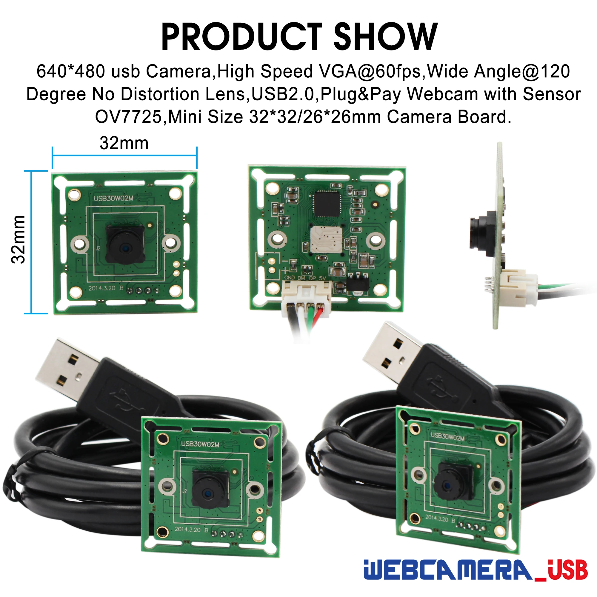 Модуль камеры ELP 640*480 VGA USB2.0 OmniVision OV7725 цветной CMOS датчик 32*32/26*26 мм mini USB с объективом