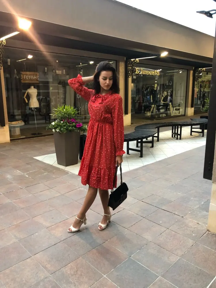 Корейская черная рубашка Vestidos для офиса в горошек, винтажные осенние платья, Женское зимнее платье, миди платье с цветочным рисунком и длинным рукавом для женщин