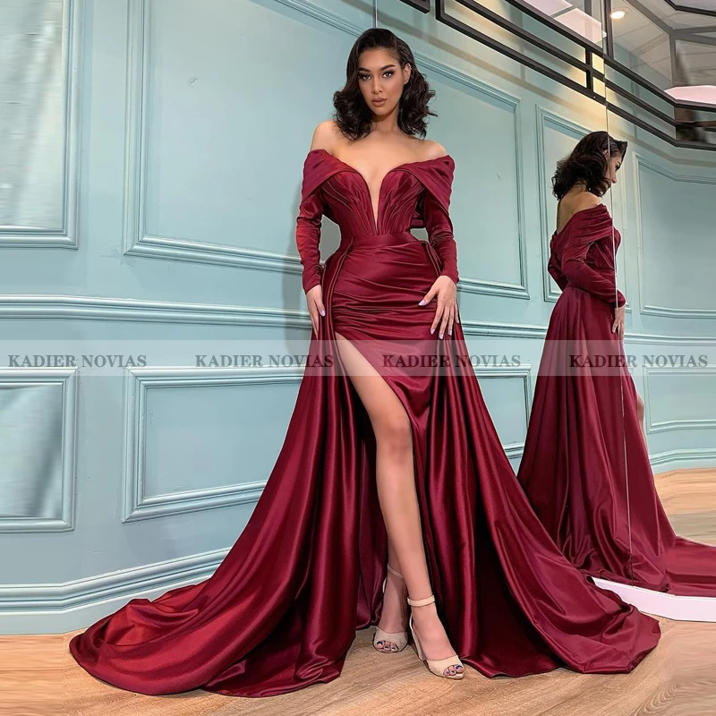 

Kadier Novias Long Sleeves Burgundy Arabic Mermaid Evening Dress 2021 with Detachable Skirt Robe Soiree Femme Vestidos Formales