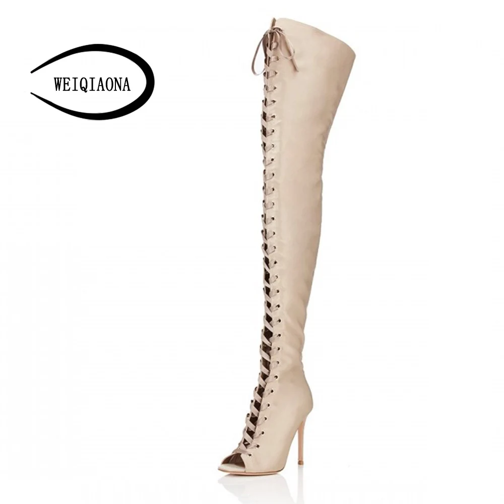 

WEIQIAONA Big size Star models Cross-tie sexy Velvet high heel peep-toe Women's super high boots Showing boots Nightclub shoes
