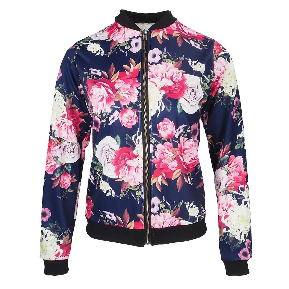 Тёмно-синий Ретро Цветочный Принт Женское пальто свободного покроя размера плюс на молнии с длинным рукавом куртка весна лето Женская Базовая куртка Бомбер 5XL - Цвет: Тёмно-синий