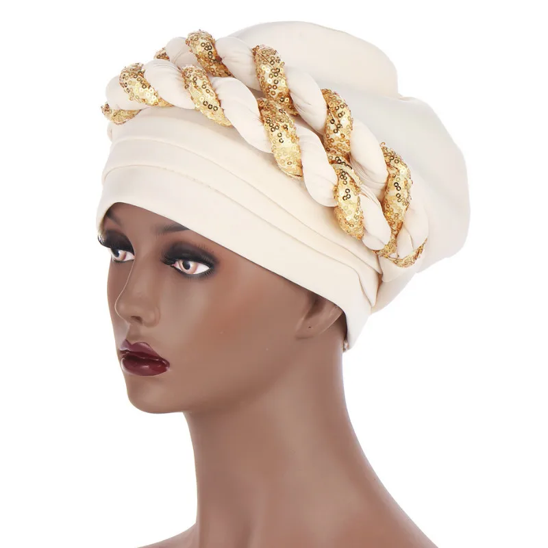 

Latest Shinning Sequins Turban Cap for Women Ready Female Head Wraps African Auto Geles Aso Oke Headtie Already Made Headties