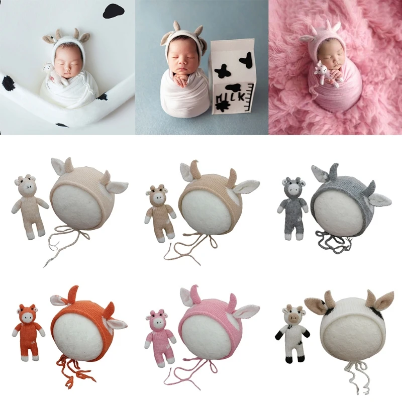 

2 Pcs Baby Knitting Cow Hat Animal Doll Set Handmade Crochet Mohair Beanies Newborn Photography Props Bonnet 85DE