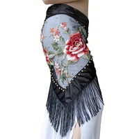 embroidery belly dance clothes velvet fabric fringes triangle belt tribal flowers hip scarf sheer mesh
