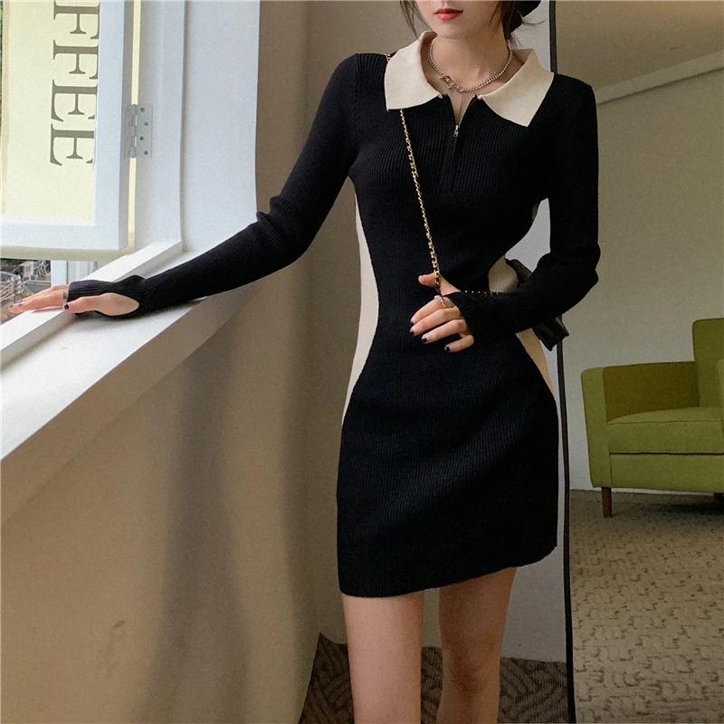 

Women Bodycon Knitted Sweater Dress Women Long Sleeve Stretchy Sexy Mini Hit Color T-Shirt Dress Slim Winter Vestidos