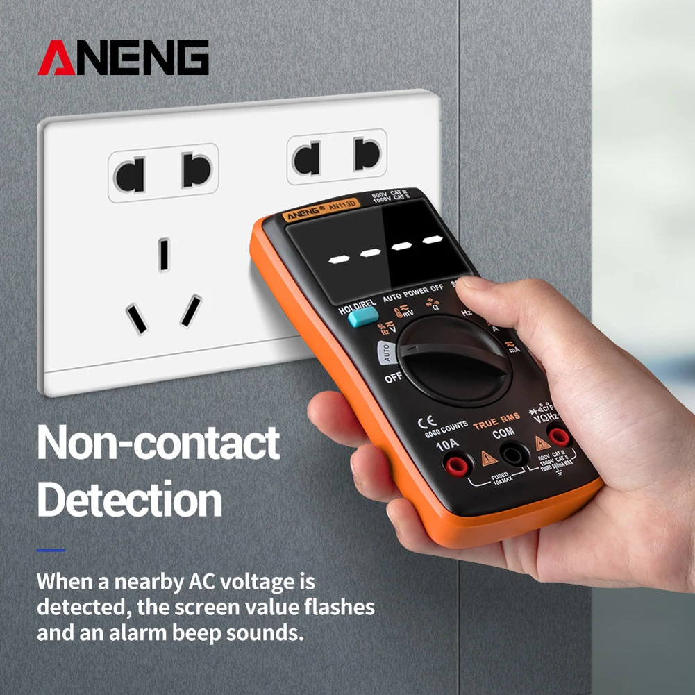 AN113D Digital Multimeter 6000 Counts Electrical Transistor Tester Temperature Auto Ranging AC/DC Voltage Meter for Electrician