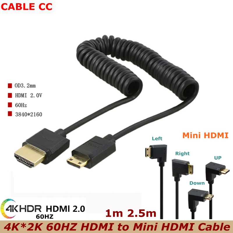 Новинка 4K * 2K @ 60 Гц OD 3 2 мм Mini HDMI к спиральный кабель 0 до 90 градусов Натяжной