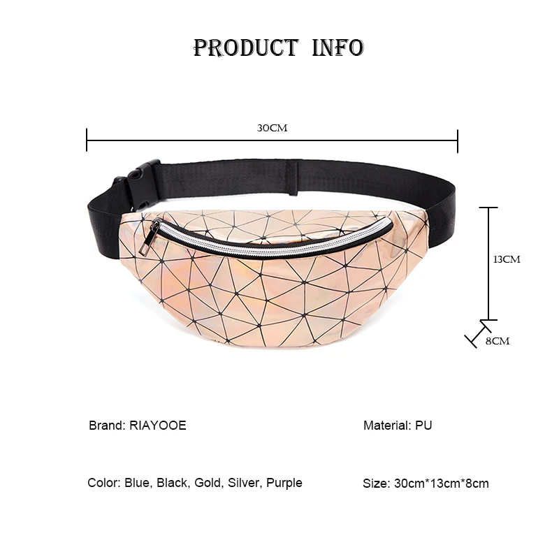 RIAYOOE Fashion women belt bag Geometric black banana bag gold Silver Sequin waist bag Laser Phone Pouch