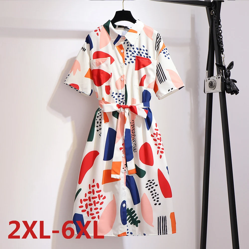 Летнее платье большого размера 6XL для полных женщин, свободное однотонное платье с геометрическим рисунком, женская одежда, шифоновое плать...