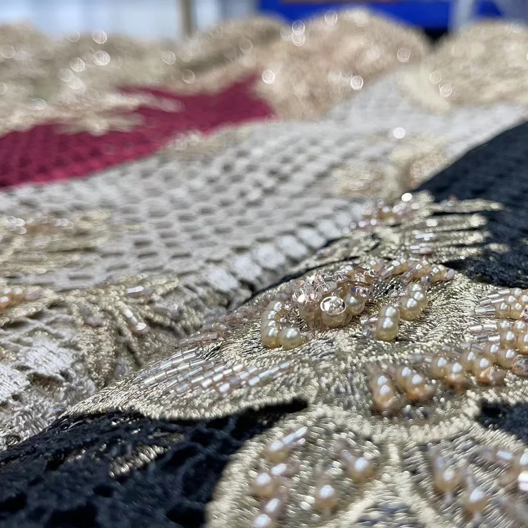 

(5yards/pc) High quality African big cord lace fabric black gold with luxury beads embroidery for party dress WJY007