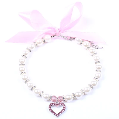 Heart Pink Кошка собака жемчуг ожерелье воротник Bling Сердце Шарм Кулон домашнее животное ювелирные изделия для женщин Щенок Чихуахуа Йоркский регулируемый - Цвет: Heart Pink