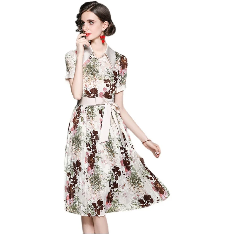 

Fashion Printed Dress Women Short Sleeved A Line Cut Flower Sashes Knee Length Silk Clothing