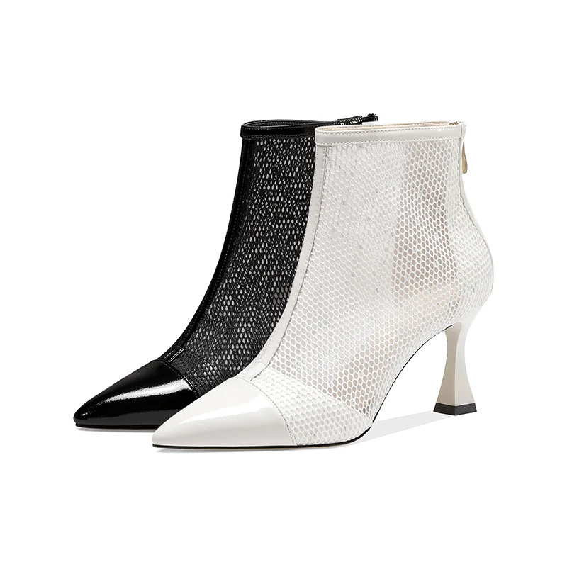 

ISNOM Mesh Ankle Boots Women Patent Leather High Heels Shoes Woman Pointed Toe Booties Ladies Fashion Shoes