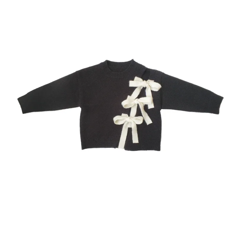 

2021 Spring New Children Black Bow Sweater Baby Girls Round Collar Leisure Top Kids Clothes