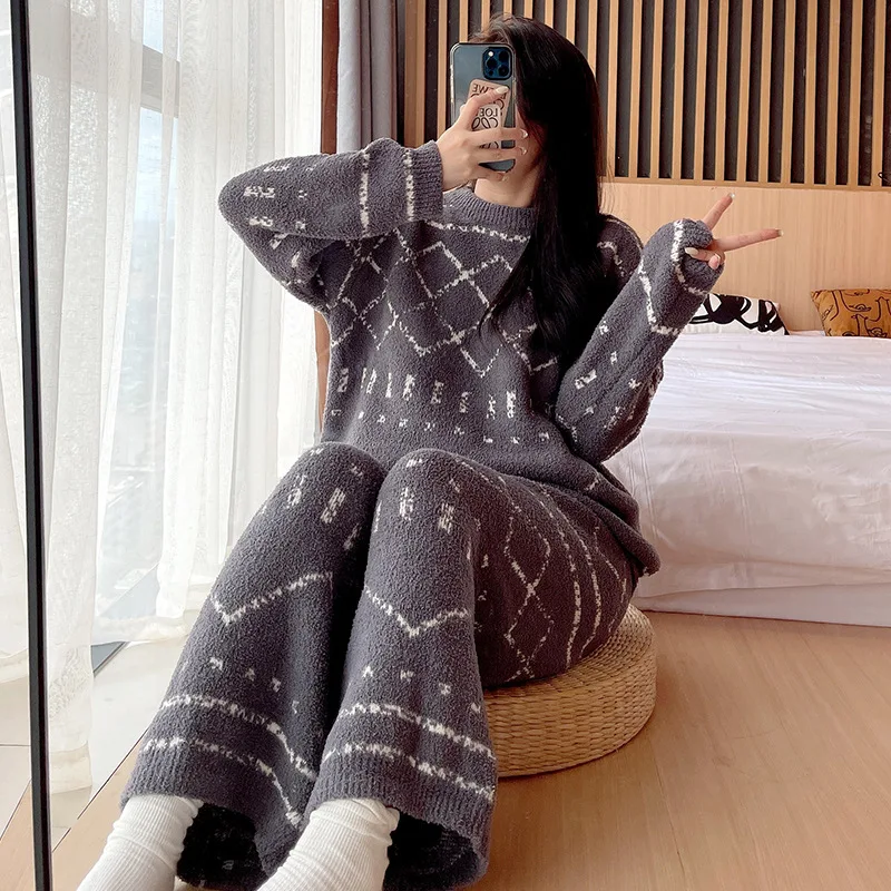 저렴한 캐주얼 PJS 여성 잠옷 세트 뜨개질 잠옷 가을 따뜻한 두 조각 정장 라운지 착용 셔츠 & 바지 느슨한 Nightwear 가정 의류 저렴한 캐주얼 PJS 여성 잠옷 세트 뜨개질 잠옷 가을 따뜻한 두 조각 정장 라운지 착용 셔츠 & 바지 느슨한 Nightwear 가정 의류