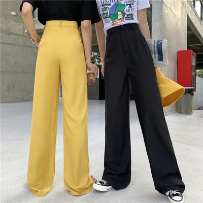 

2020 Summer Thin High Waist Wide Leg Pants Trousers Women Zipper Fly Solid Casual Fashion Korean Full Length Pants Capris Femme