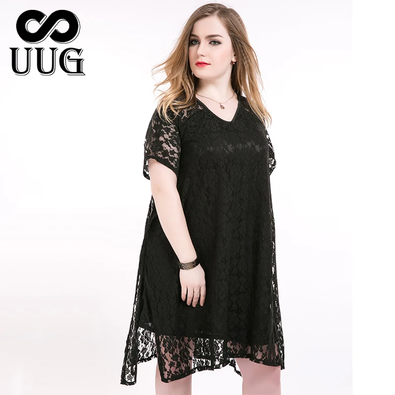 Женское кружевное платье UUG черное свободное с коротким рукавом большие размеры