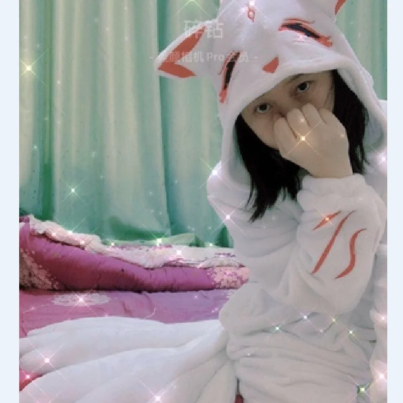 

Anime Fox White Pajamas Cosplay Costume Adult Men Women Jumpsuits Cartoon Winter Flannel Home Sleepwear