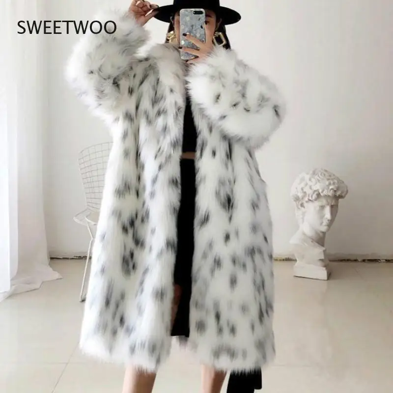 Fashion Faux Fox Fur Coat Women 2021 Winter Casual Spliced Leopard Print Fur Jacket Female Thick Warm Mid-Long Plush Outerwear