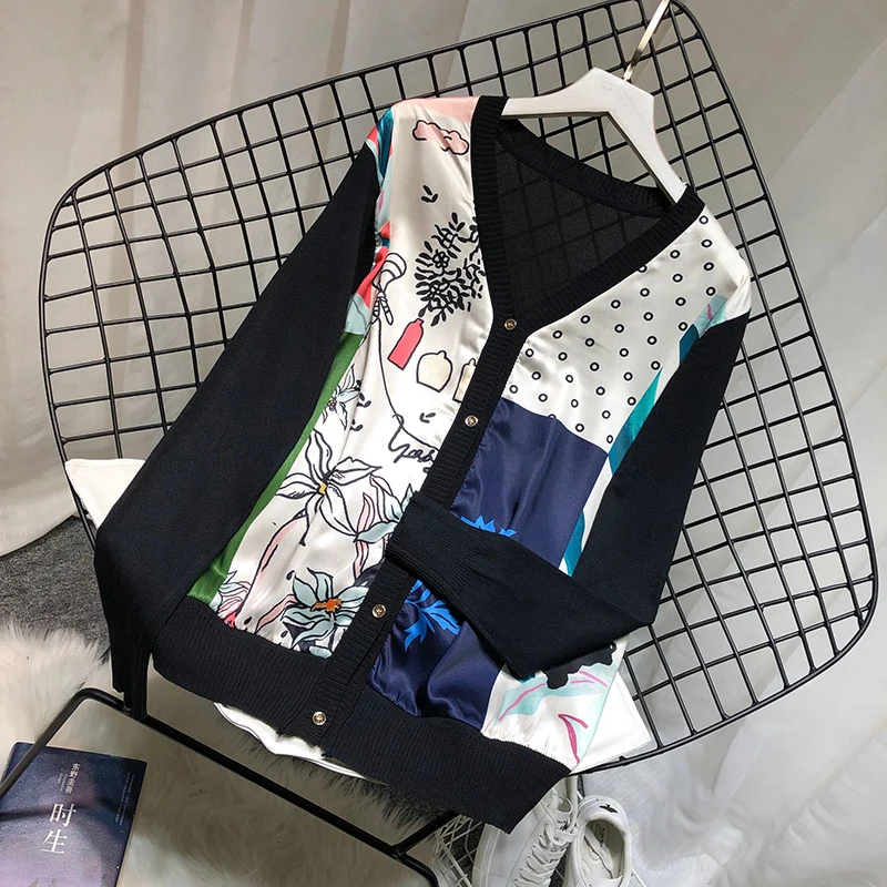 ALPHALMODA Европейский с v-образным вырезом атласный свитер с принтом пэчворк вязаный искусственный однобортный пуловер осенний модный топ с длинными рукавами