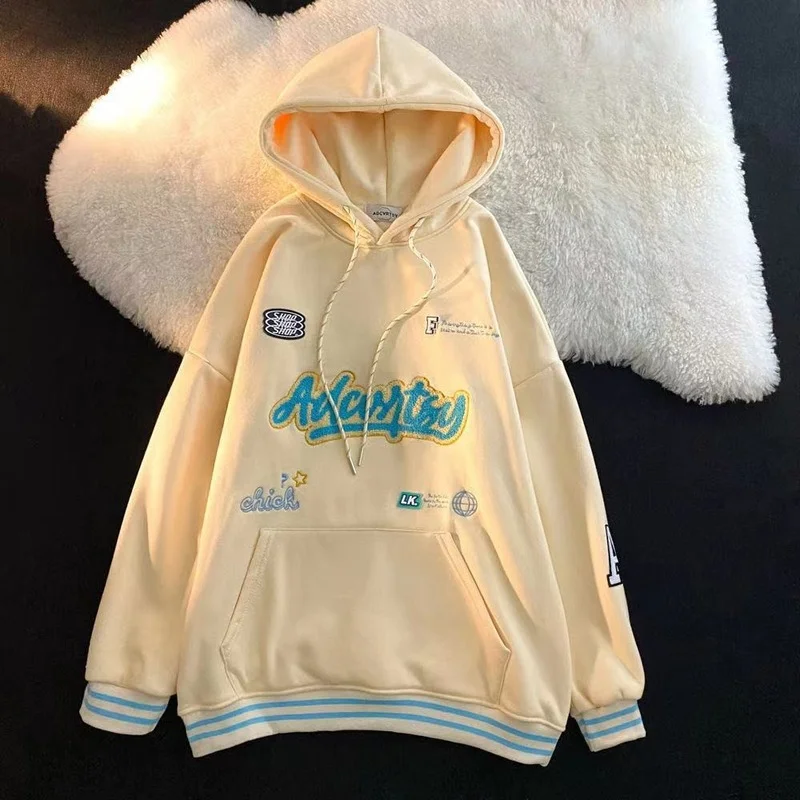 

Apricot Letter Embroidery Oversized Hoodies Women Harajuku Streetwear Long Sleeve Pullover Fashion Tops Hip Hop 2021 Winter New