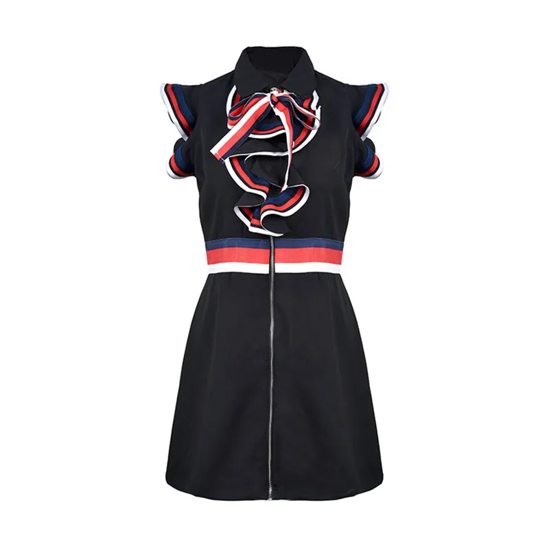 

CBAFU sleeveless women summer dresses black white designer runway ruffles weave striped zipper up mini dress party vestidos M177