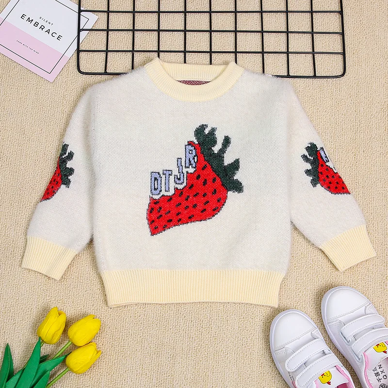 

От 2 до 6 лет Свитер для девочек осень-зима новая на девочек с рисунками Клубнички, норка вниз свитер для маленьких детей, Детский толстый теп...