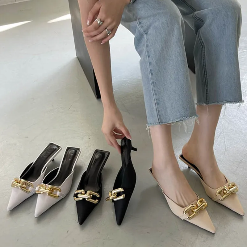 

Bailamos Women Slippers Elegant Women Summer Flip Flops Chain Pointed Toe Slippers Sandals Shoes Woman Casual Slides Mules Shoes