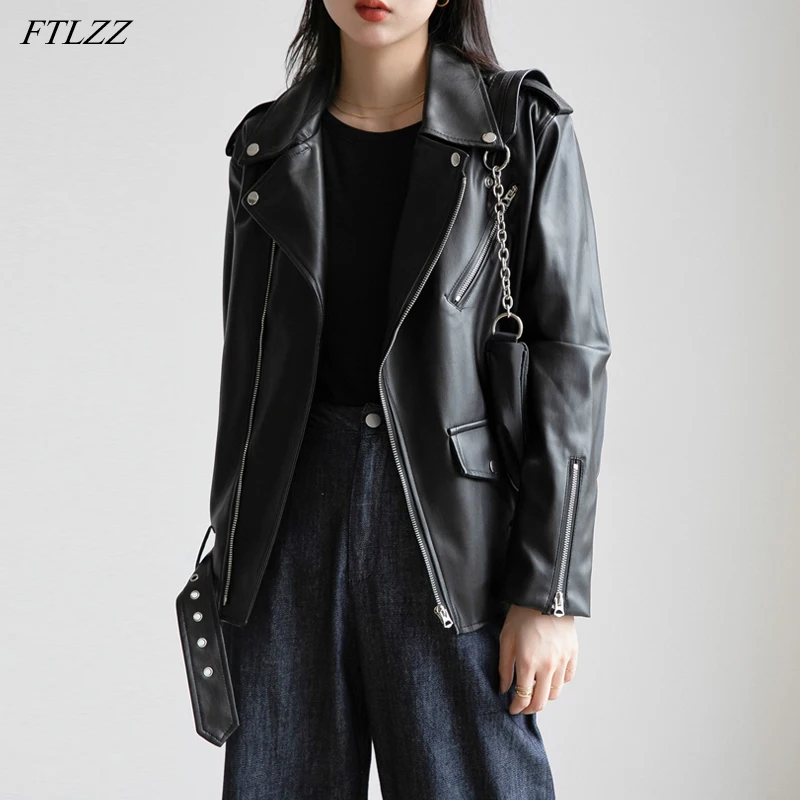 FTLZZ осенняя куртка из искусственной кожи женская новая черная мотоциклетная с
