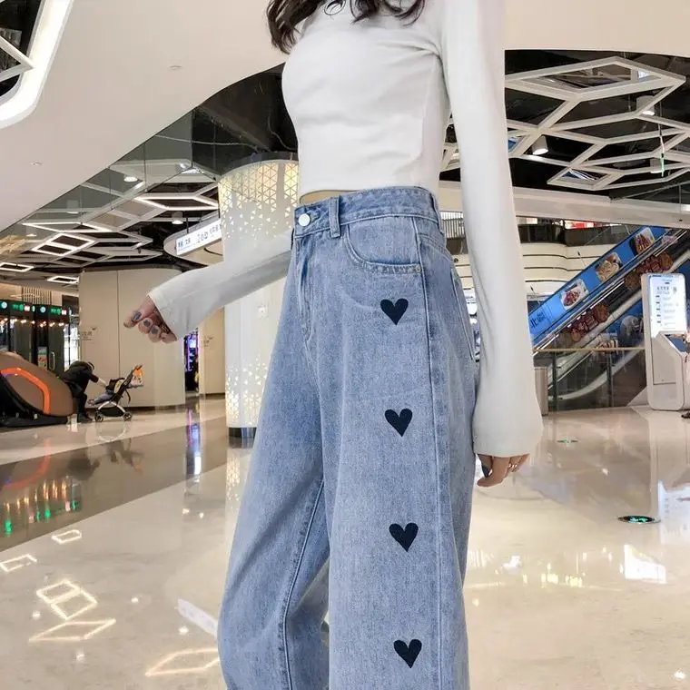 

New love high waist jeans women's straight tube 2021 light color student loose and versatile, showing thin and falling feeling