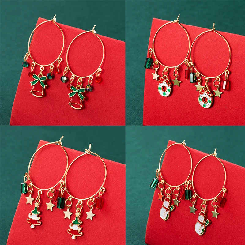 

New Arrivals Rainbow Colorful Cute Snowman Tree Beads Round Loop Hoop Earrings for Women Xmas Earring Fashion Christmas Gifts