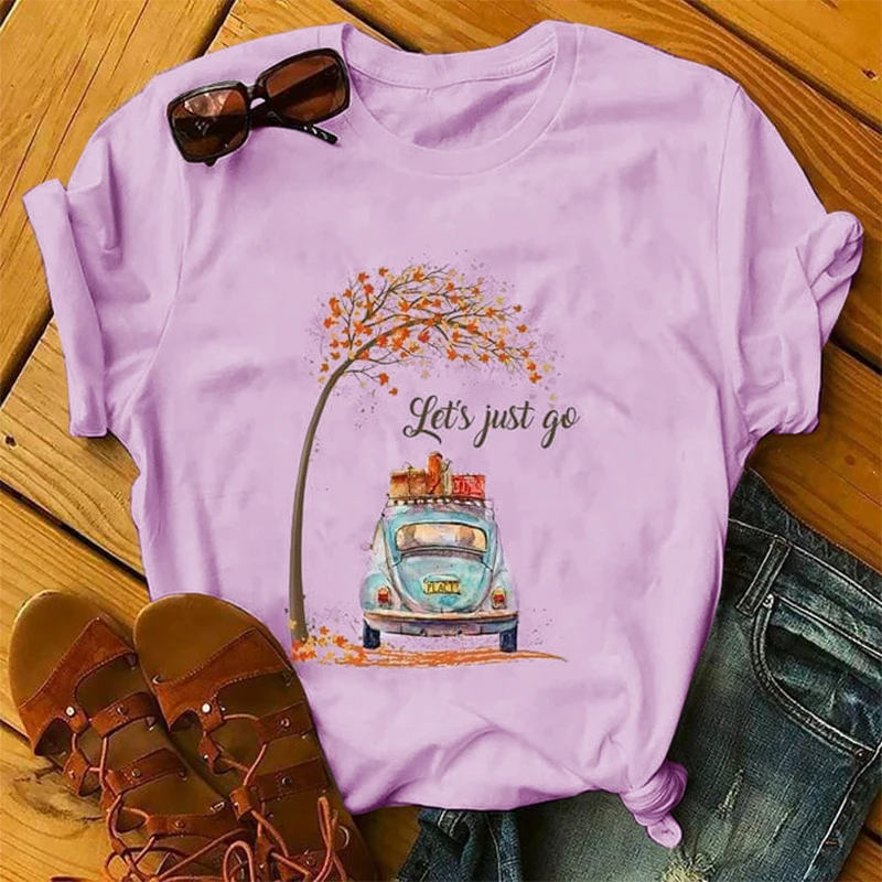 

2020 Summer Car Maple Pattern Let's Just Go Letter Print T-shirts Women Graphic Tee Loose O Neck T Shirt Women Harajuku Clothes