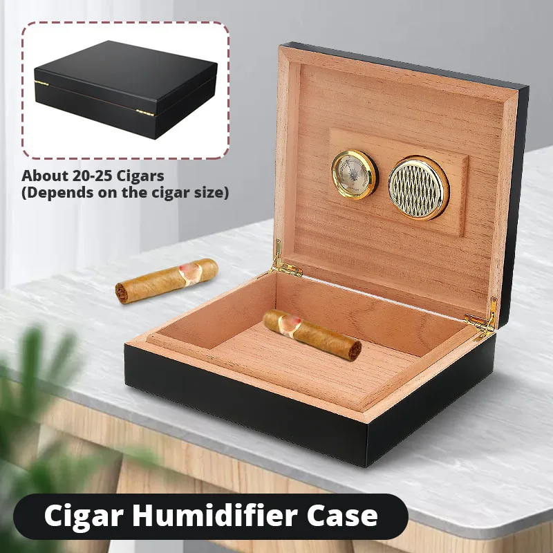 

20-25 Count Black Cedar Wood Lined Cigar Humidor Humidifier With Hygrometer Case Moisturizing Device Box with Moisture Meter
