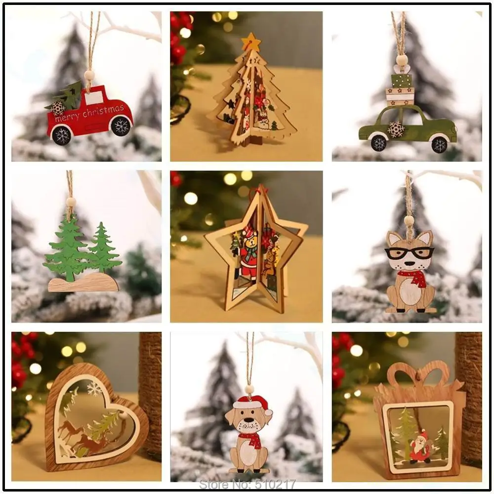 

natural wood Xmas tree ornament wooden pendant Santa Claus elk snowman Xmas gift wedding home party DIY Christmas decoration