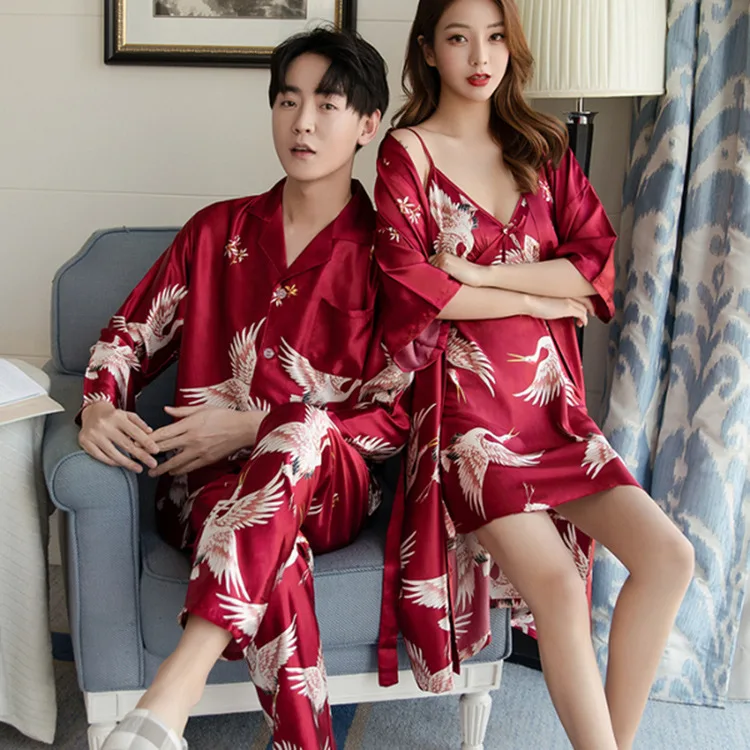 

Autumn Summer Men Sleepwear print Men's Pyjamas Silk Men's Pajamas Set Long Sleeve Nightwear Print Long Pant Homewear Lovers Set