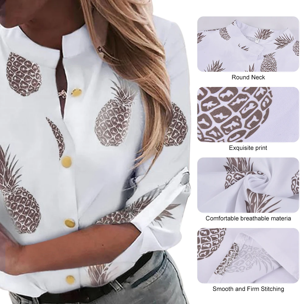 Женская блузка с длинным рукавом белая рубашка ананасовым принтом весна осень