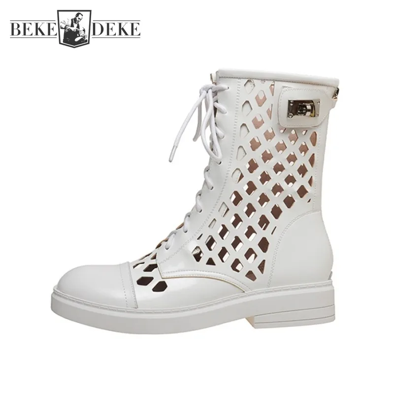 

Ботинки женские из натуральной кожи, летняя мотоциклетная обувь, дышащие ажурные высокие берцы, на шнуровке, в стиле панк, белые