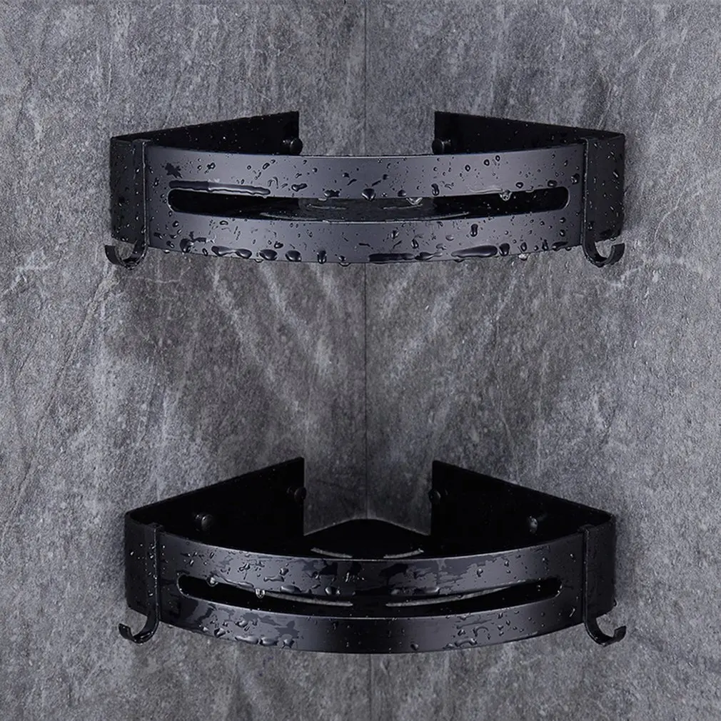 Punching Free Bathroom Rack Space Aluminum Single Deck Triangle Square Basket Shelf Shampoo Storage Organizer with hooks |