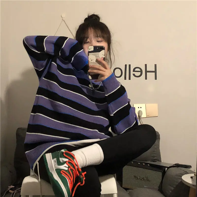 Pullovers Women O-neck Striped Oversize Trendy Harajuku Knitted Sweaters Students All-match Leisure Daily Streetwear Korean Tops | Женская