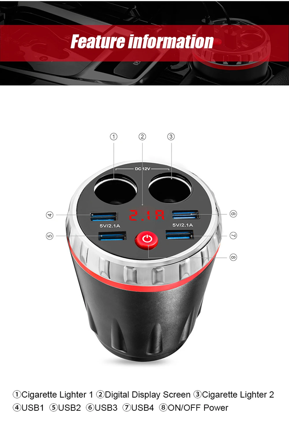 VR robot Dual Car Cigarette Lighter Socket Splitter Adapter 5V 2.1A 4 Ports USB Charger Voltage Monitor Car Cup Holder