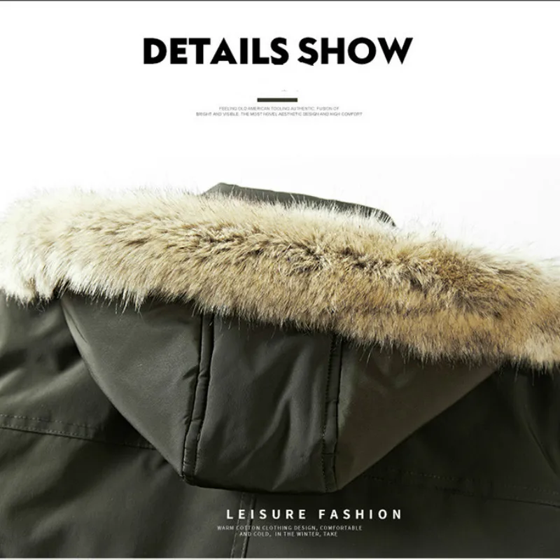 

Men's Winter Hooded Faux Fur Collar Long Thick Cotton Coat Jacket Men's Pocket Jacket Coat Mens Parka Jacket Long Coat