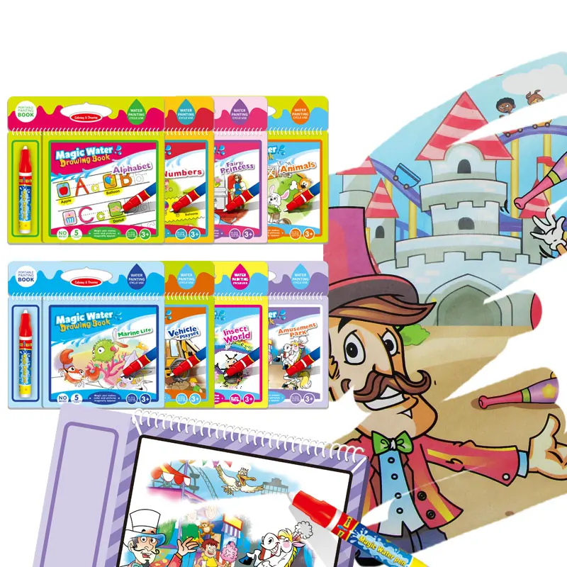 Книжка раскраска волшебная вода с 1 ручкой 8 видов|magic water drawing book|water bookwater |