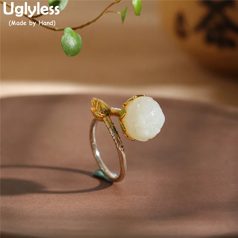 Uglyless Enamel Lotus Rings for Women Natural Jade Flower Open Real 925 Silver Fine Jewelry Gemstones Bijoux R810 | Украшения и