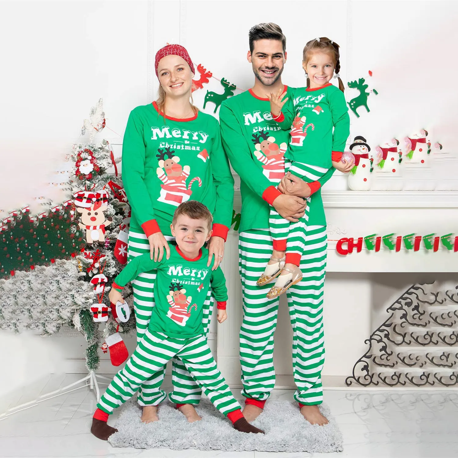 

New Xmas Christmas Family Matching Pajamas Set Adult Kids Sleepwear Father Mother Daughter Deer Striped Print Nightwear