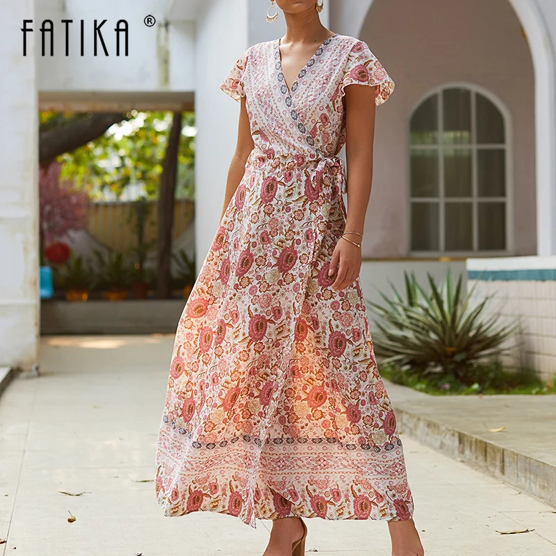 

Fatika Women Hot 2021 New Floral Print Cross V-Neck Lace Up Sashes Flyiing Sleeve Split Drapped Summer Long A-Line Dress
