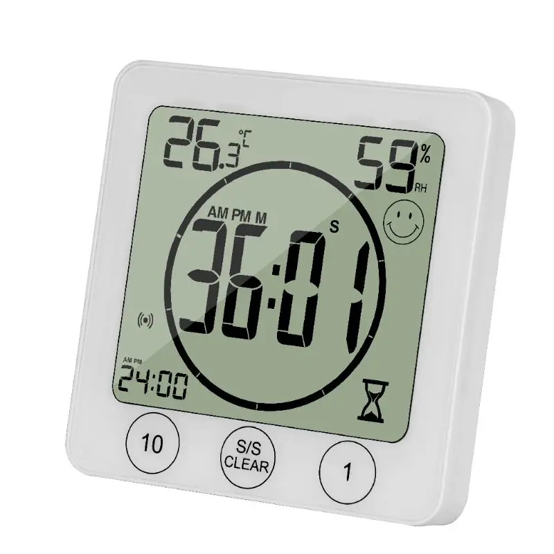 LCD Bathroom Wall Clock Temperature Humidity Countdown Waterproof Shower Timer